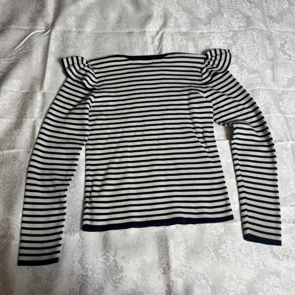 Girls Polo Ralph Lauren Sweater XL 16 White Navy Blue Striped Ruffle Shoulder